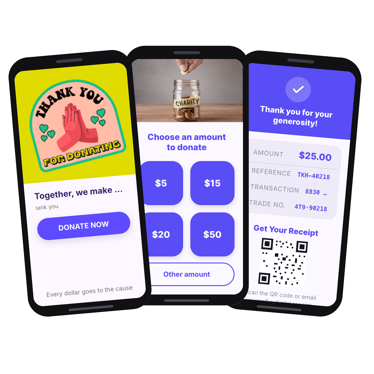 Takoha donor screens on kiosk devices — thank-you, choose-amount and receipt